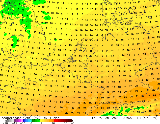 Temperatuurkaart (2m) UK-Global do 06.06.2024 09 UTC