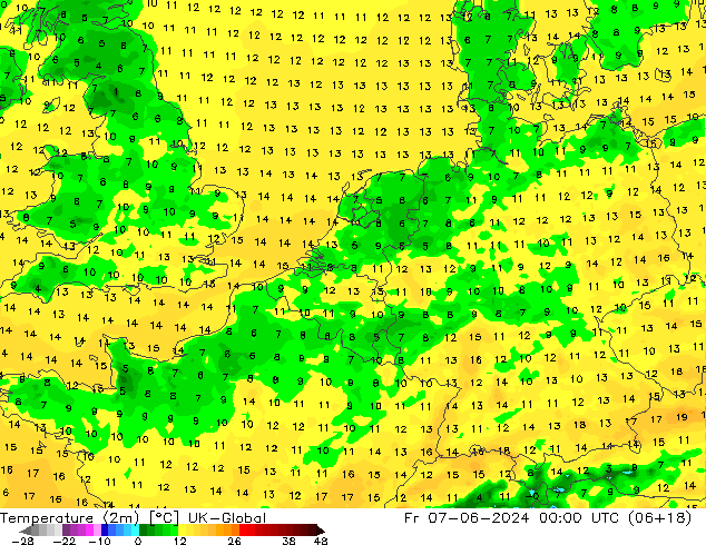 Temperature (2m) UK-Global Fr 07.06.2024 00 UTC