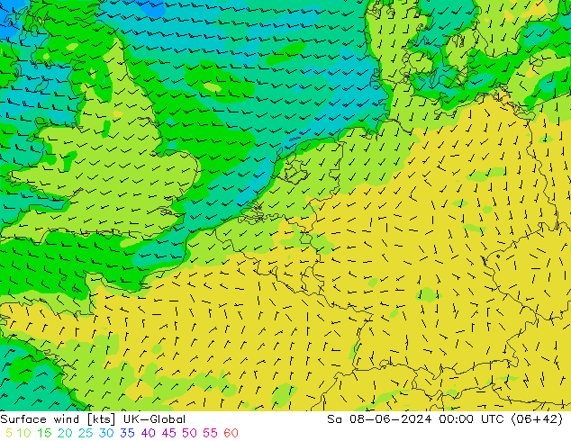 Wind 10 m UK-Global za 08.06.2024 00 UTC