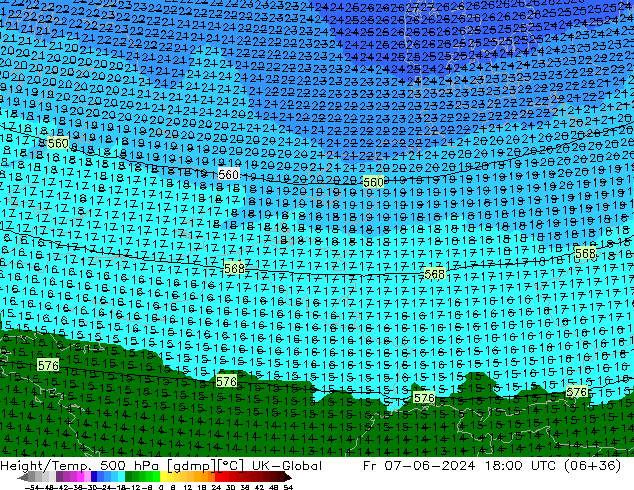 Height/Temp. 500 hPa UK-Global Fr 07.06.2024 18 UTC