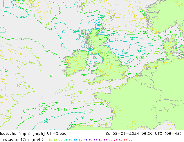 Isotachen (mph) UK-Global za 08.06.2024 06 UTC