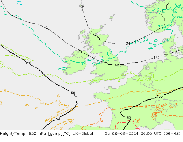 Height/Temp. 850 hPa UK-Global Sáb 08.06.2024 06 UTC