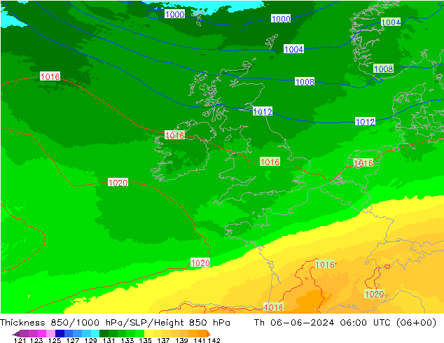 Dikte 850-1000 hPa UK-Global do 06.06.2024 06 UTC