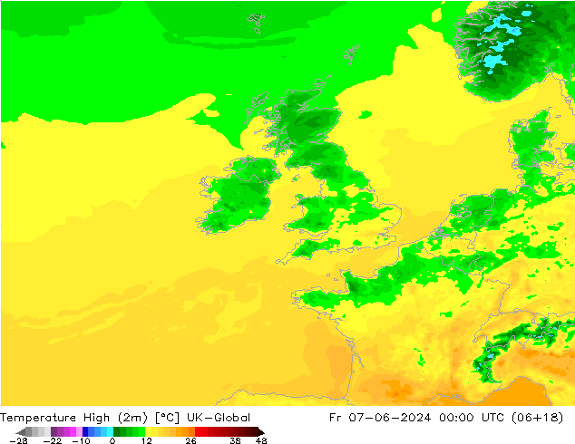 Temperature High (2m) UK-Global Fr 07.06.2024 00 UTC
