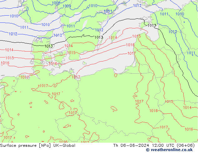 Pressione al suolo UK-Global gio 06.06.2024 12 UTC