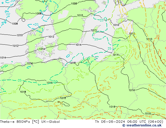 Theta-e 850гПа UK-Global чт 06.06.2024 06 UTC