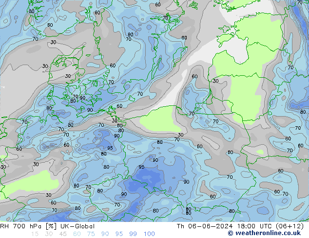 RH 700 hPa UK-Global Th 06.06.2024 18 UTC