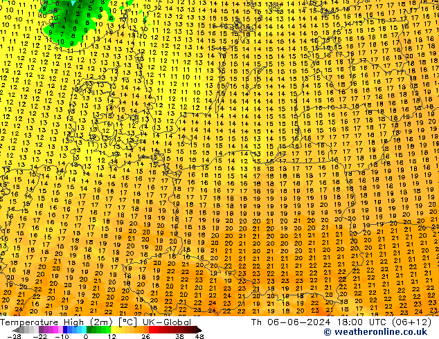 Temperature High (2m) UK-Global Th 06.06.2024 18 UTC