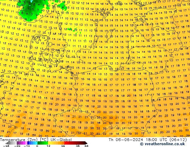 Temperature (2m) UK-Global Th 06.06.2024 18 UTC