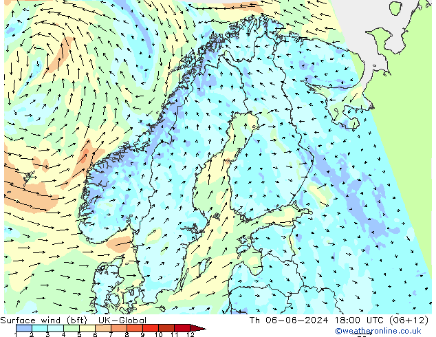 Surface wind (bft) UK-Global Čt 06.06.2024 18 UTC