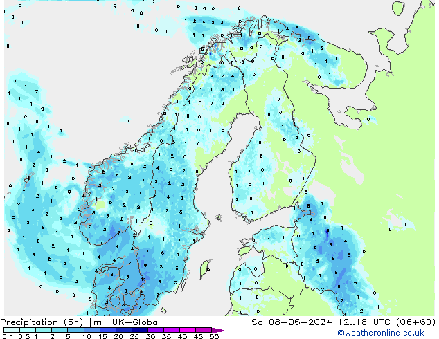 Precipitação (6h) UK-Global Sáb 08.06.2024 18 UTC