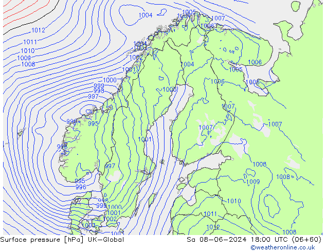 Atmosférický tlak UK-Global So 08.06.2024 18 UTC