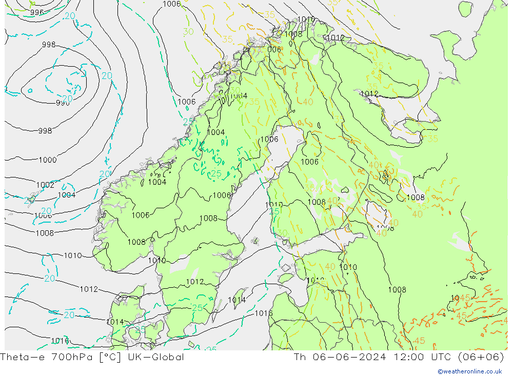 Theta-e 700hPa UK-Global 星期四 06.06.2024 12 UTC