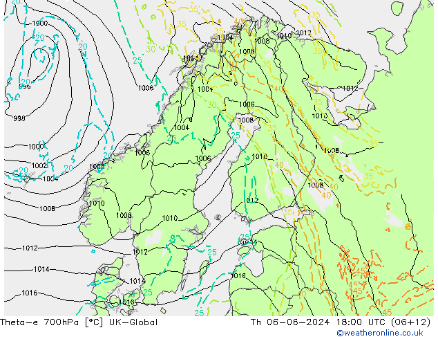 Theta-e 700hPa UK-Global Čt 06.06.2024 18 UTC