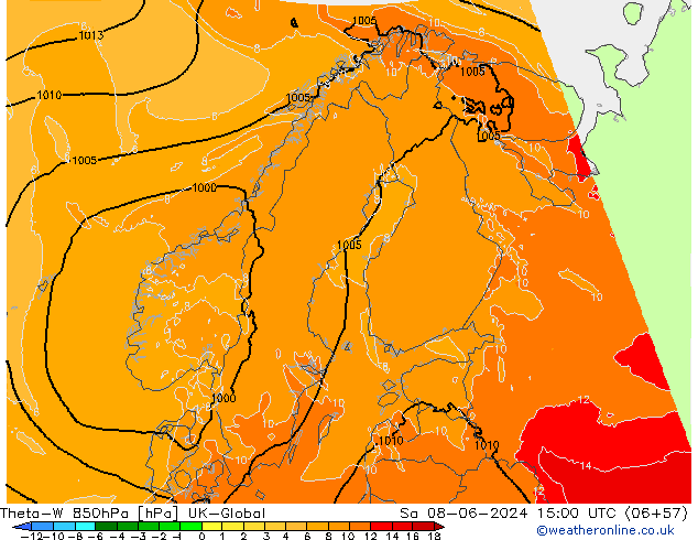 Theta-W 850hPa UK-Global Sa 08.06.2024 15 UTC