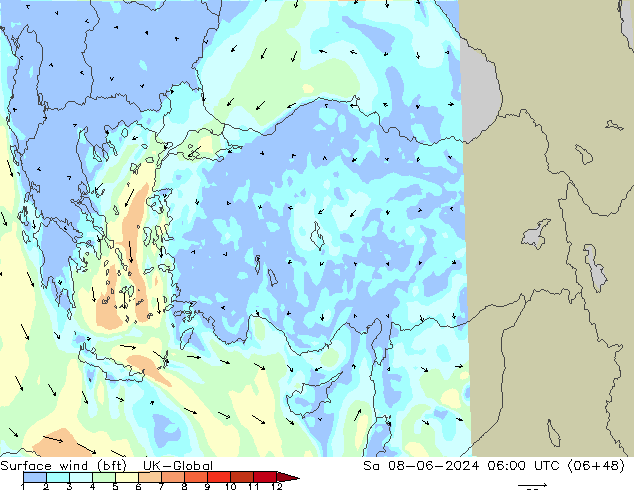 Vento 10 m (bft) UK-Global Sáb 08.06.2024 06 UTC