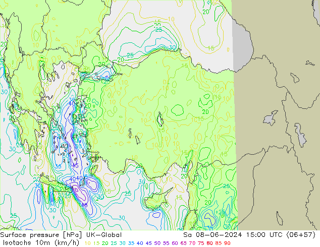 Isotachs (kph) UK-Global сб 08.06.2024 15 UTC