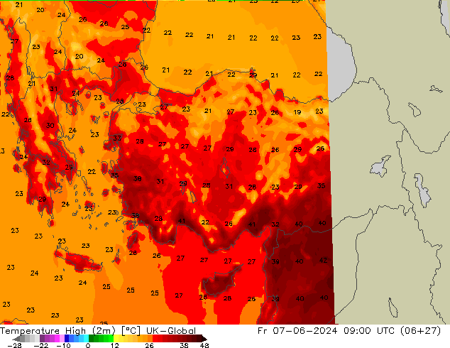 température 2m max UK-Global ven 07.06.2024 09 UTC