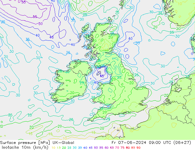 Isotachs (kph) UK-Global пт 07.06.2024 09 UTC