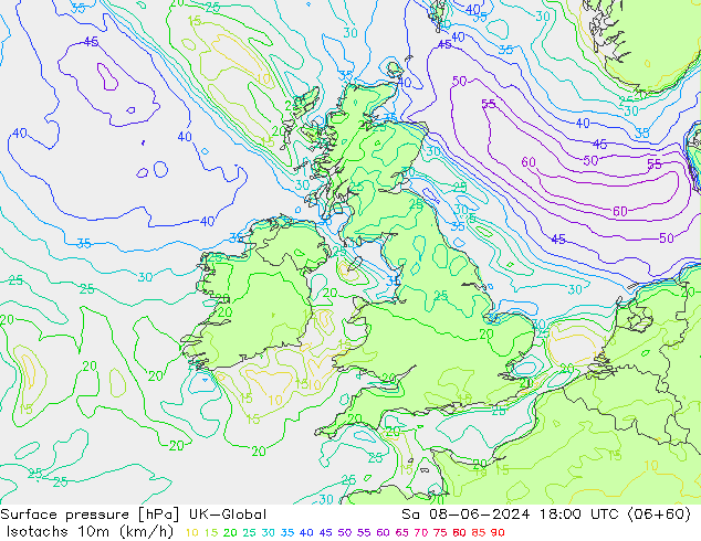 Isotachs (kph) UK-Global sam 08.06.2024 18 UTC