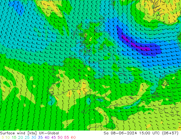 Surface wind UK-Global So 08.06.2024 15 UTC