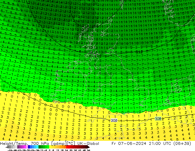 Height/Temp. 700 hPa UK-Global  07.06.2024 21 UTC