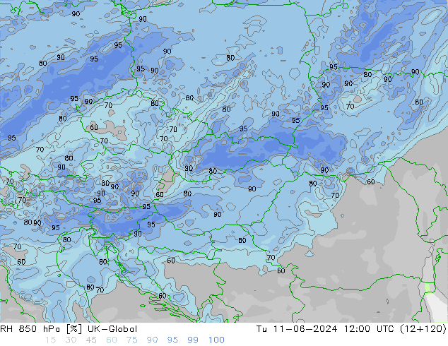Humedad rel. 850hPa UK-Global mar 11.06.2024 12 UTC