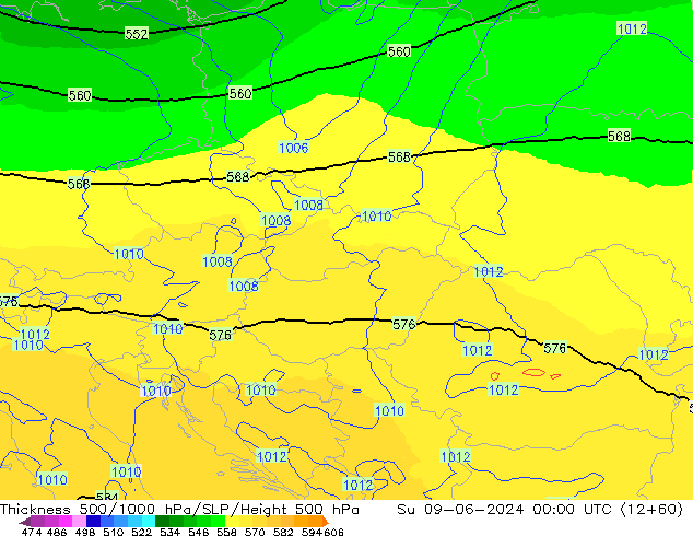 Thck 500-1000гПа UK-Global Вс 09.06.2024 00 UTC