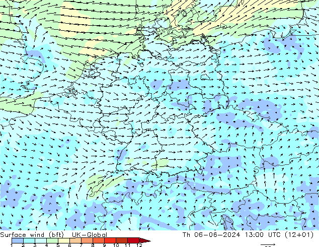 Surface wind (bft) UK-Global Th 06.06.2024 13 UTC