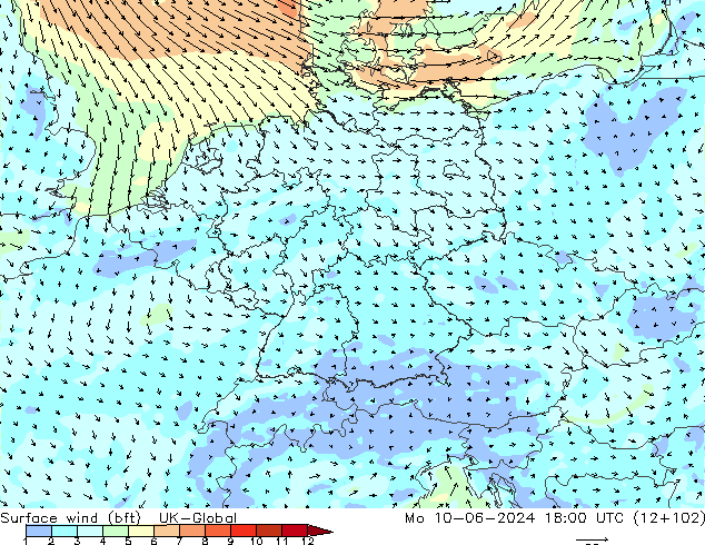 Bodenwind (bft) UK-Global Mo 10.06.2024 18 UTC