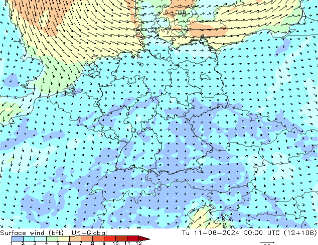 Wind 10 m (bft) UK-Global di 11.06.2024 00 UTC