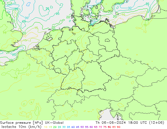Isotachs (kph) UK-Global Th 06.06.2024 18 UTC