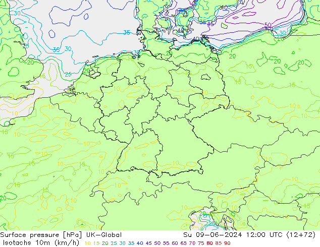 Isotachen (km/h) UK-Global zo 09.06.2024 12 UTC