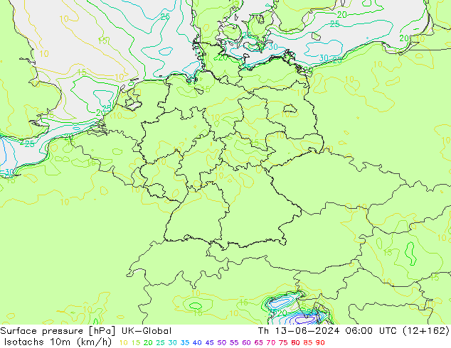 Isotachs (kph) UK-Global Th 13.06.2024 06 UTC