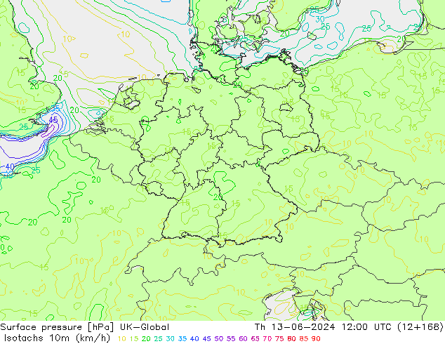 Isotachs (kph) UK-Global Th 13.06.2024 12 UTC