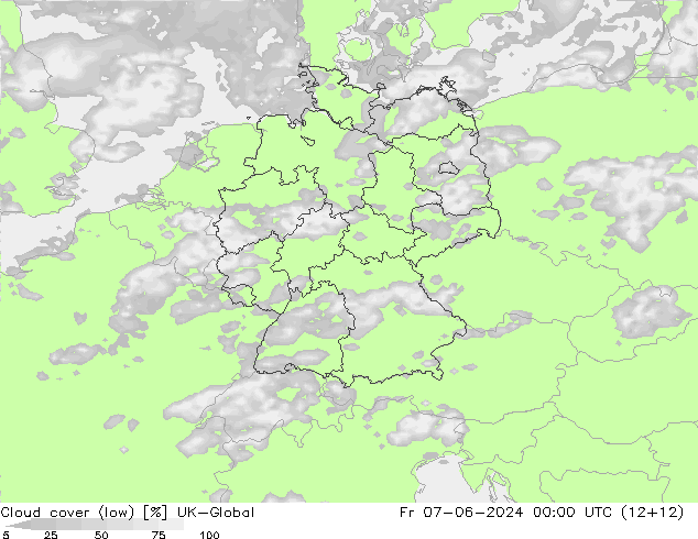 Cloud cover (low) UK-Global Fr 07.06.2024 00 UTC