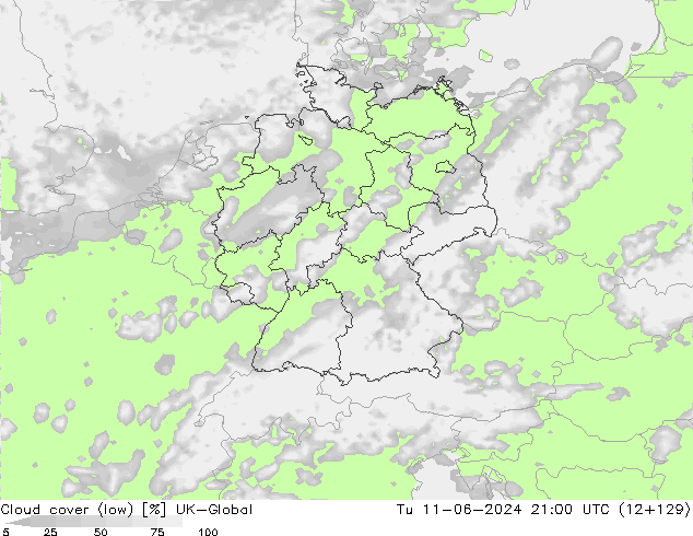 Cloud cover (low) UK-Global Tu 11.06.2024 21 UTC