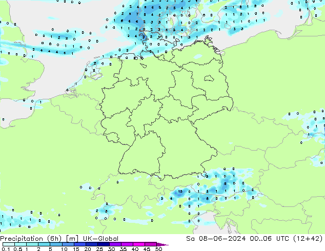 Precipitation (6h) UK-Global So 08.06.2024 06 UTC