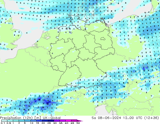 Precipitação (12h) UK-Global Sáb 08.06.2024 00 UTC