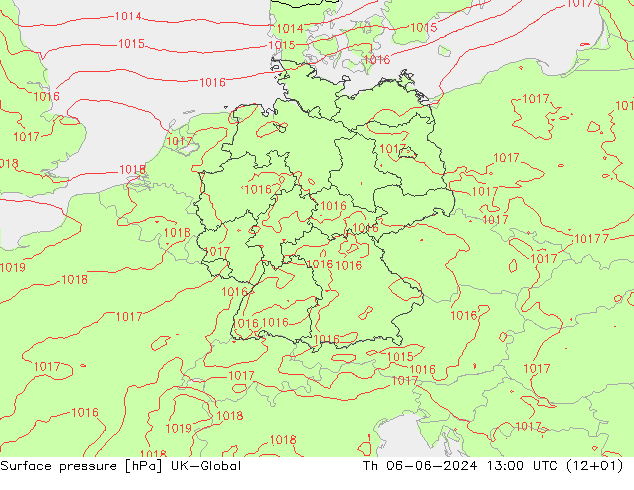 地面气压 UK-Global 星期四 06.06.2024 13 UTC