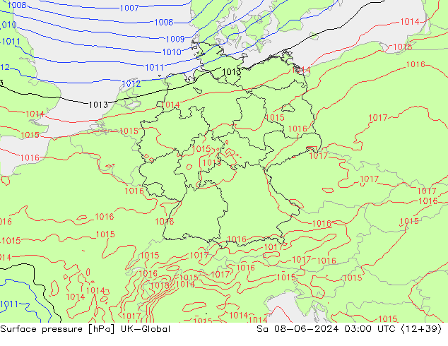 Pressione al suolo UK-Global sab 08.06.2024 03 UTC