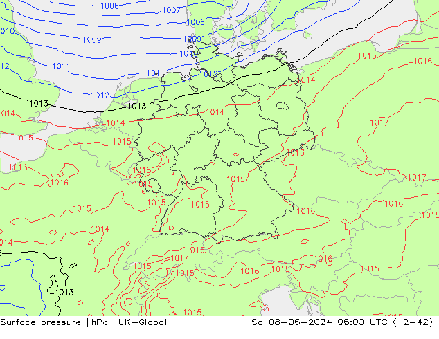 Pressione al suolo UK-Global sab 08.06.2024 06 UTC