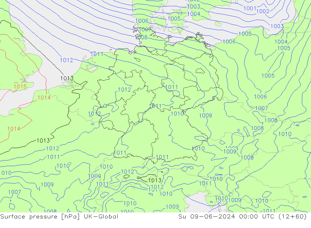 Pressione al suolo UK-Global dom 09.06.2024 00 UTC