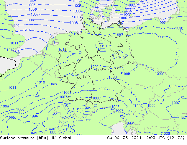 Pressione al suolo UK-Global dom 09.06.2024 12 UTC