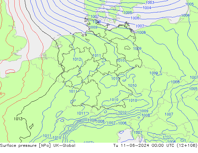 Surface pressure UK-Global Tu 11.06.2024 00 UTC