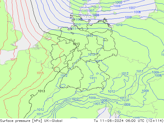 Surface pressure UK-Global Tu 11.06.2024 06 UTC