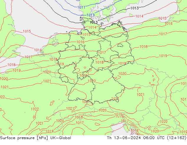 Pressione al suolo UK-Global gio 13.06.2024 06 UTC