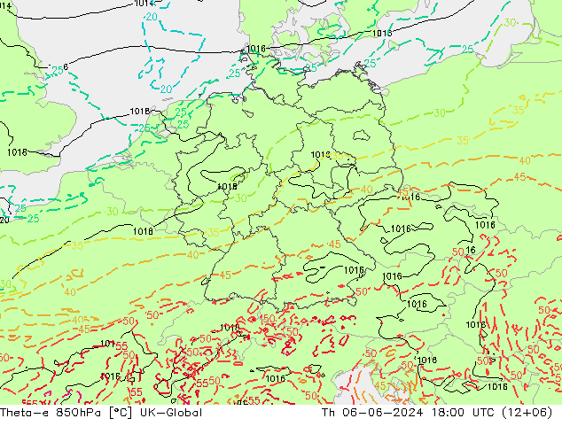 Theta-e 850hPa UK-Global Th 06.06.2024 18 UTC
