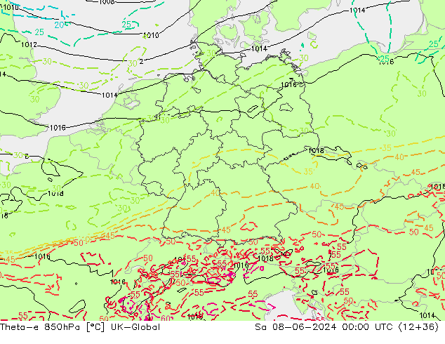 Theta-e 850hPa UK-Global za 08.06.2024 00 UTC