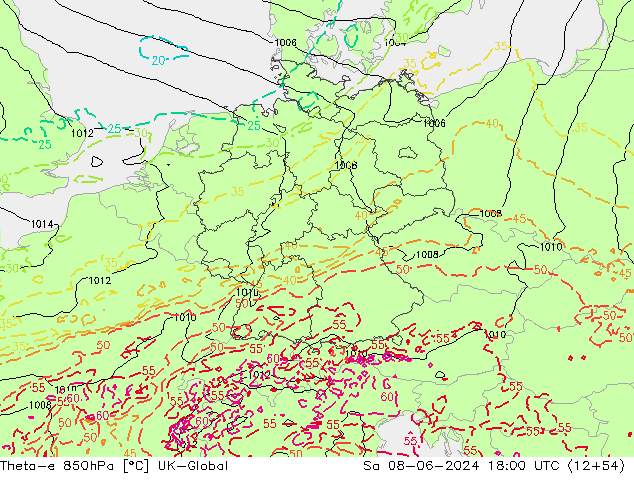 Theta-e 850hPa UK-Global za 08.06.2024 18 UTC